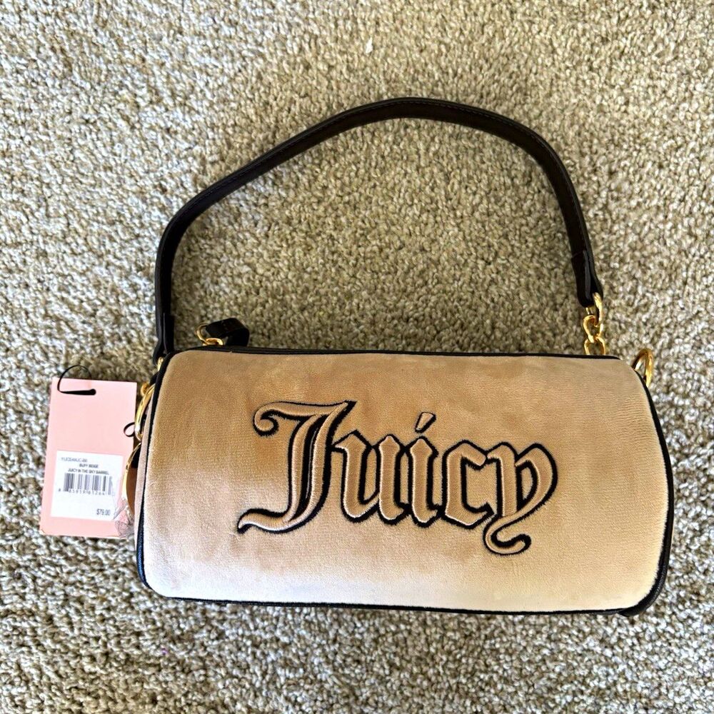 Juicy Couture Juicy in the Sky Barrel Velvet Logo Zip Shoulder Bag Buff Beige